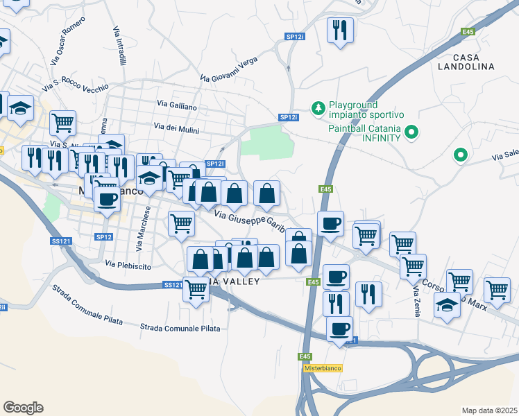 map of restaurants, bars, coffee shops, grocery stores, and more near 26 Via Ammiraglio Caracciolo in Misterbianco