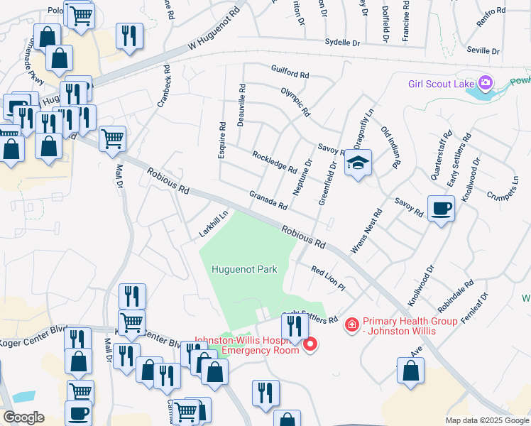 map of restaurants, bars, coffee shops, grocery stores, and more near 10924 Robious Road in Richmond
