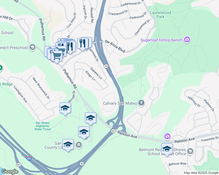 map of restaurants, bars, coffee shops, grocery stores, and more near 2129 Queens Lane in San Mateo