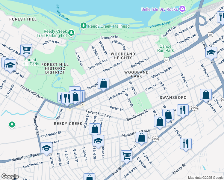 map of restaurants, bars, coffee shops, grocery stores, and more near 2919 Semmes Avenue in Richmond