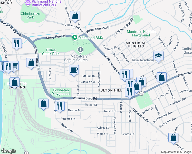 map of restaurants, bars, coffee shops, grocery stores, and more near 1307 Mount Erin Drive in Richmond