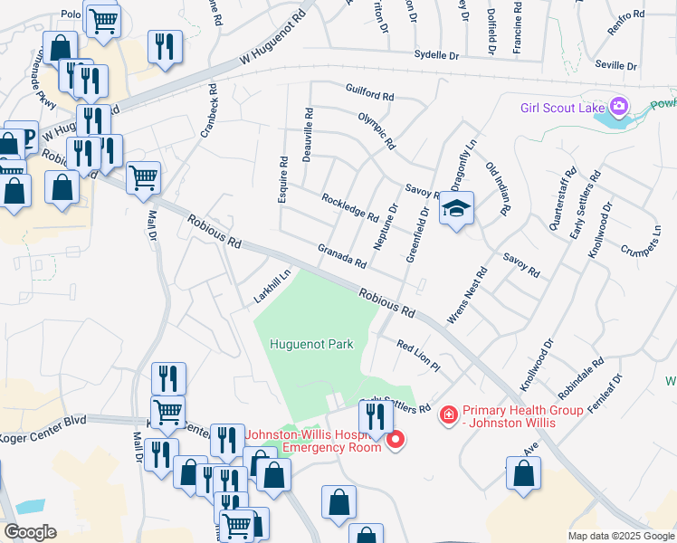 map of restaurants, bars, coffee shops, grocery stores, and more near 10924 Robious Road in Richmond
