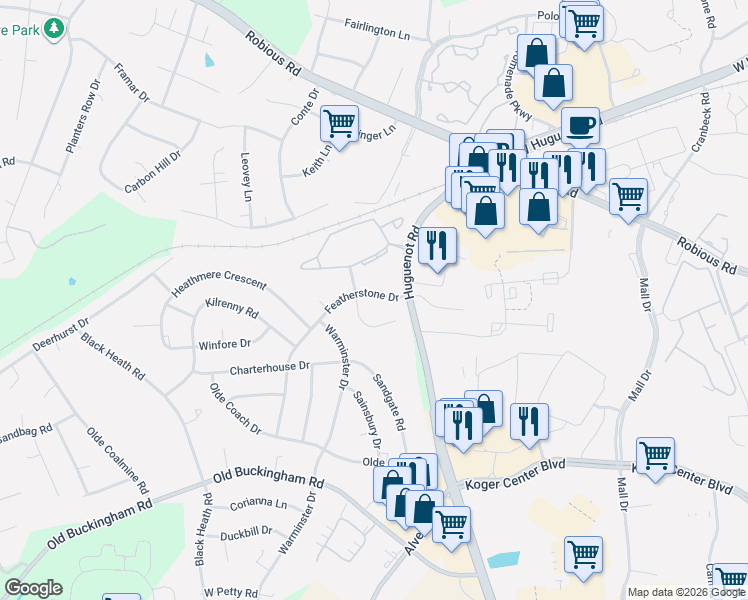 map of restaurants, bars, coffee shops, grocery stores, and more near 1836 Featherstone Drive in Midlothian