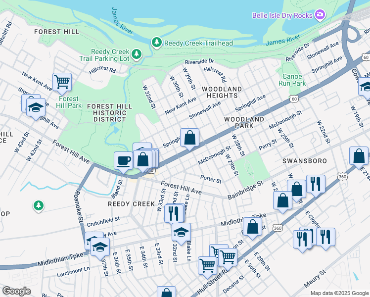 map of restaurants, bars, coffee shops, grocery stores, and more near 3105 Semmes Avenue in Richmond
