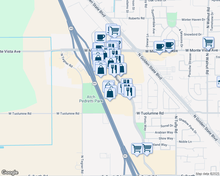 map of restaurants, bars, coffee shops, grocery stores, and more near 2821 Countryside Drive in Turlock