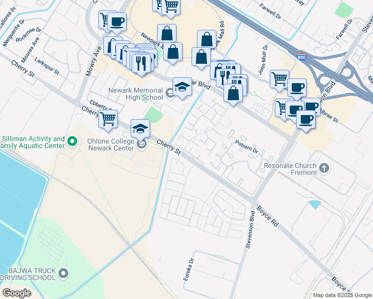 map of restaurants, bars, coffee shops, grocery stores, and more near 6371 Joaquin Murieta Avenue in Newark
