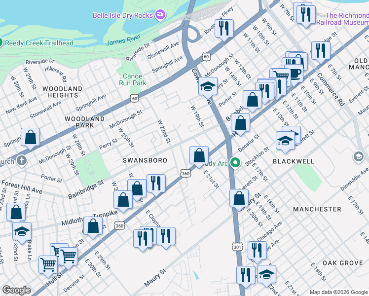 map of restaurants, bars, coffee shops, grocery stores, and more near 2001 Bainbridge Street in Richmond