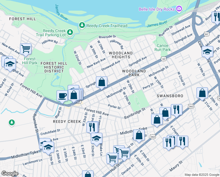 map of restaurants, bars, coffee shops, grocery stores, and more near 2919 Semmes Avenue in Richmond