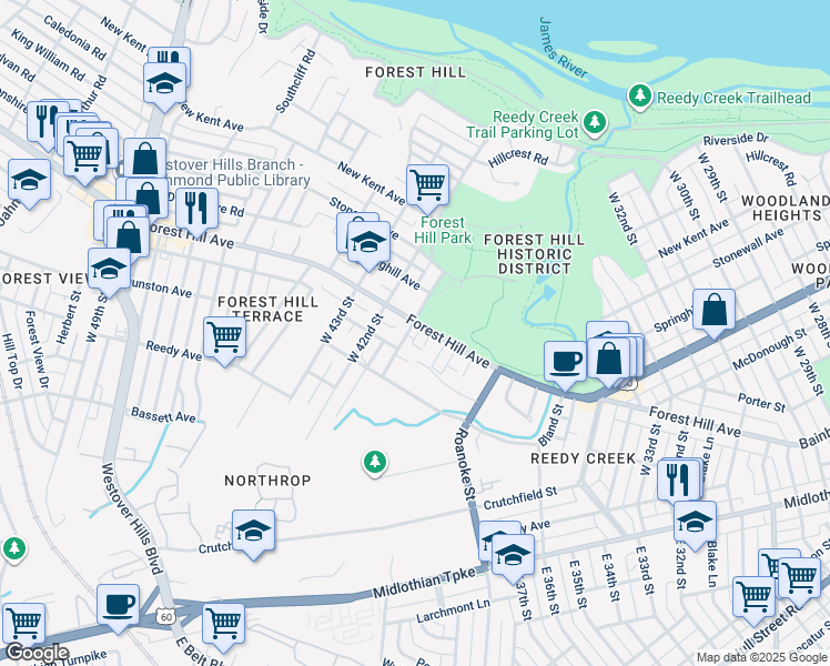 map of restaurants, bars, coffee shops, grocery stores, and more near 4066 Forest Hill Avenue in Richmond