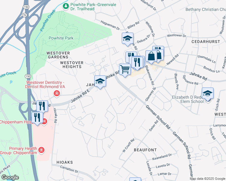 map of restaurants, bars, coffee shops, grocery stores, and more near 1100 German School Road in Richmond