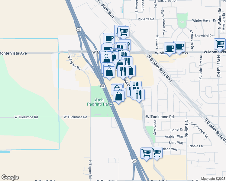 map of restaurants, bars, coffee shops, grocery stores, and more near 2751 Countryside Drive in Turlock