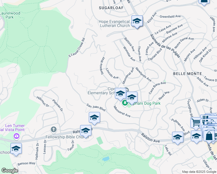 map of restaurants, bars, coffee shops, grocery stores, and more near 2702 Monte Cresta Drive in Belmont