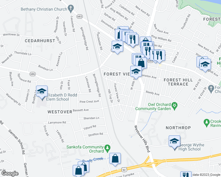 map of restaurants, bars, coffee shops, grocery stores, and more near 919 Hill Top Drive in Richmond