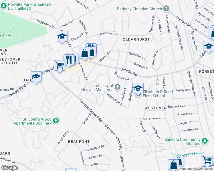 map of restaurants, bars, coffee shops, grocery stores, and more near 6033 Glenway Drive in Richmond