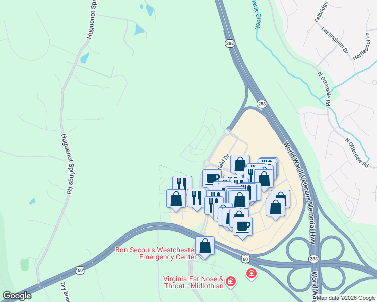 map of restaurants, bars, coffee shops, grocery stores, and more near 15550 Midlothian Turnpike in Midlothian