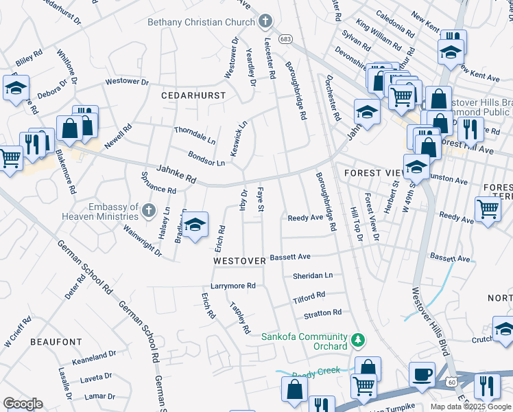 map of restaurants, bars, coffee shops, grocery stores, and more near 922 Faye Street in Richmond