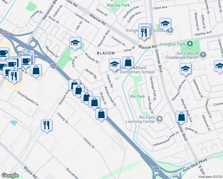 map of restaurants, bars, coffee shops, grocery stores, and more near 5533 Fiesta Road in Fremont