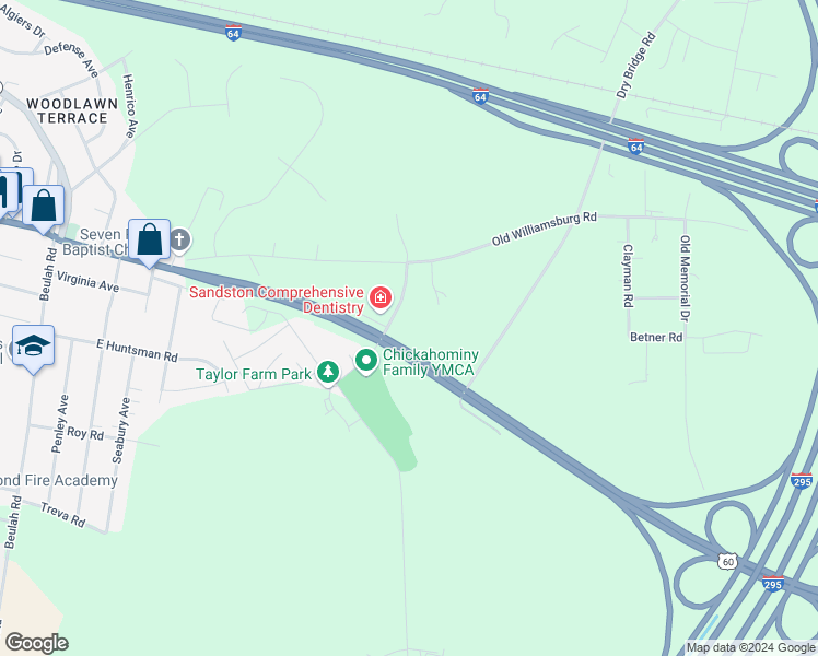 map of restaurants, bars, coffee shops, grocery stores, and more near 5501 Whiteside Road in Sandston