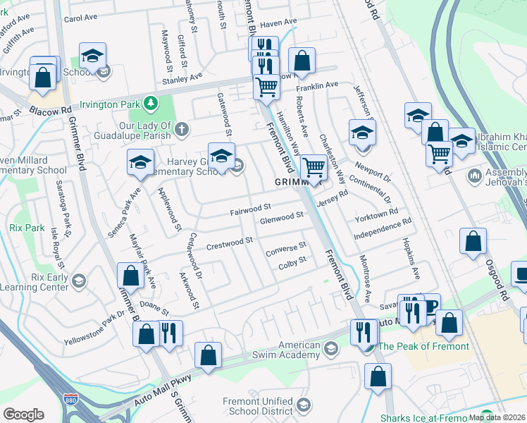 map of restaurants, bars, coffee shops, grocery stores, and more near 4152 Fairwood Street in Fremont