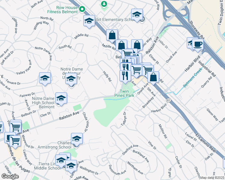 map of restaurants, bars, coffee shops, grocery stores, and more near 1000 South Road in Belmont