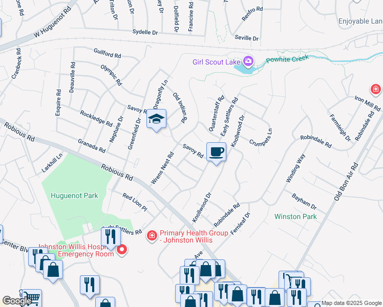 map of restaurants, bars, coffee shops, grocery stores, and more near 10641 Savoy Road in Richmond