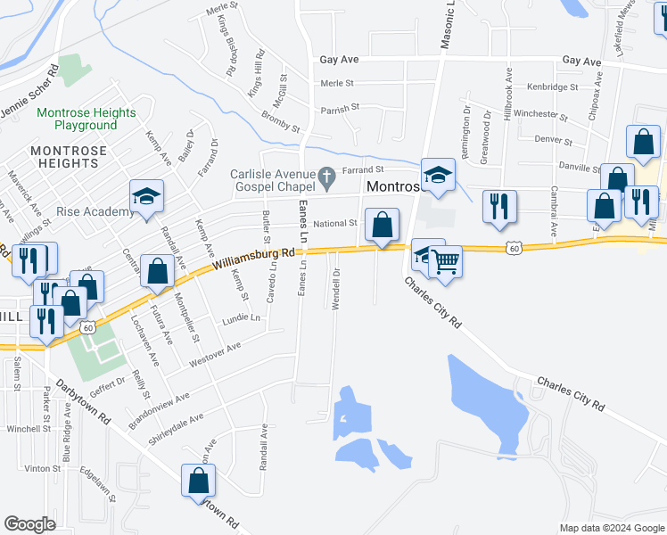 map of restaurants, bars, coffee shops, grocery stores, and more near 5109 Carters Pond Court in Richmond