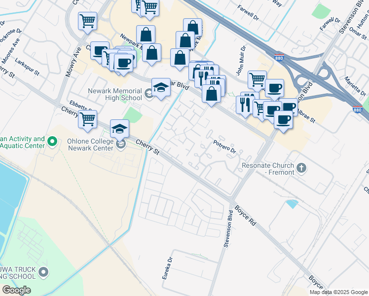 map of restaurants, bars, coffee shops, grocery stores, and more near 6300 Joaquin Murieta Avenue in Newark