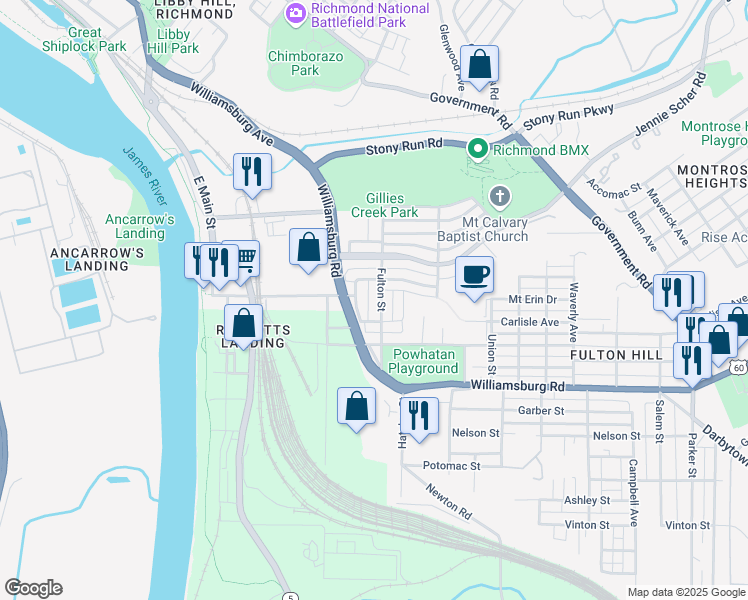 map of restaurants, bars, coffee shops, grocery stores, and more near 4720 Fulton Street in Richmond