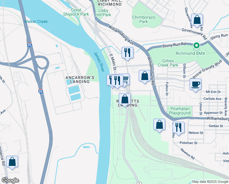map of restaurants, bars, coffee shops, grocery stores, and more near 4820 Old Main Street in Richmond