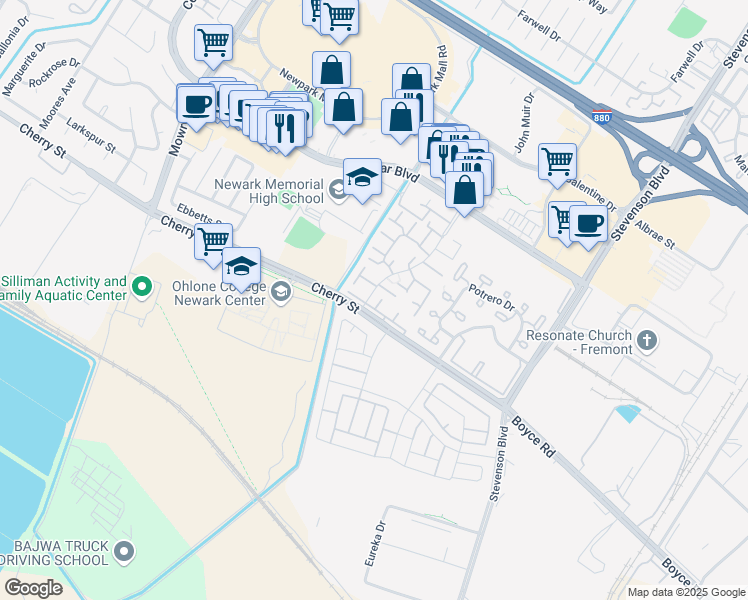 map of restaurants, bars, coffee shops, grocery stores, and more near 6371 Joaquin Murieta Avenue in Newark