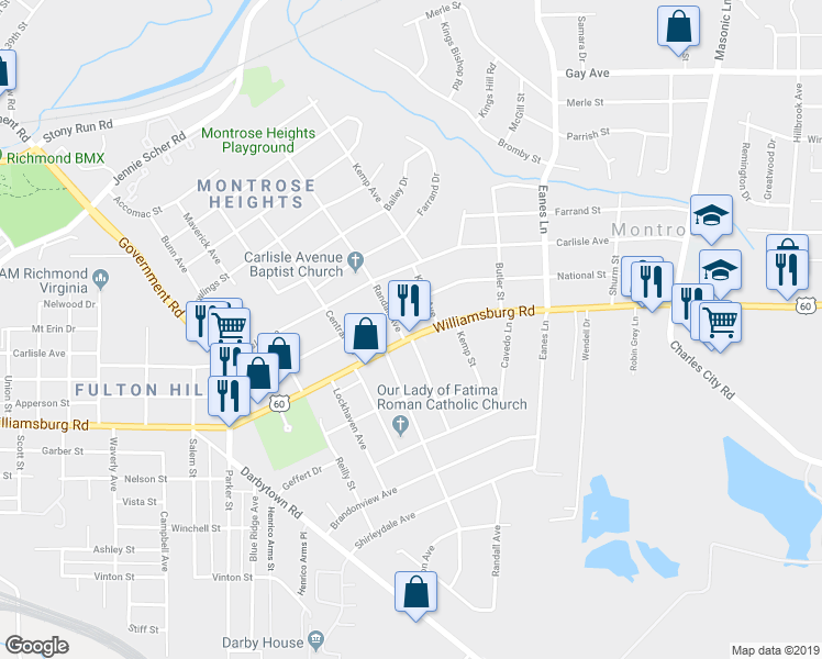 map of restaurants, bars, coffee shops, grocery stores, and more near 2207 National Street in Richmond