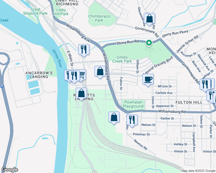 map of restaurants, bars, coffee shops, grocery stores, and more near 306 Orleans Street in Richmond