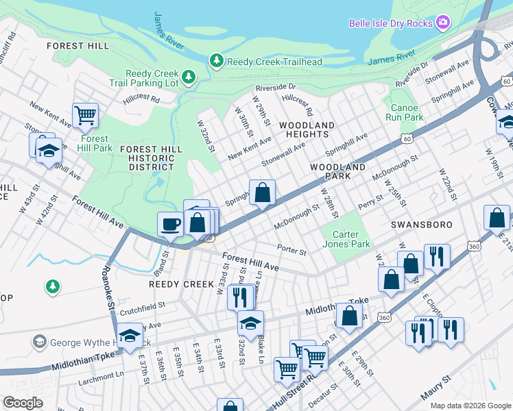 map of restaurants, bars, coffee shops, grocery stores, and more near 510 West 31st Street in Richmond