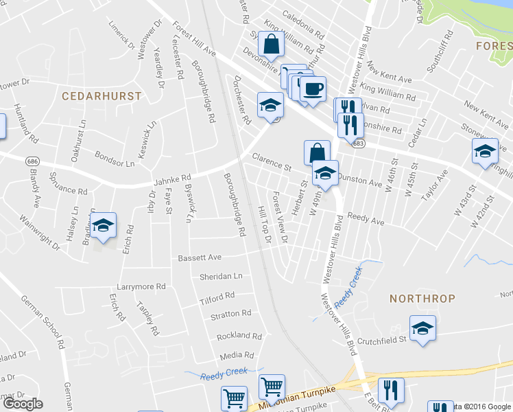 map of restaurants, bars, coffee shops, grocery stores, and more near 914 Hill Top Drive in Richmond