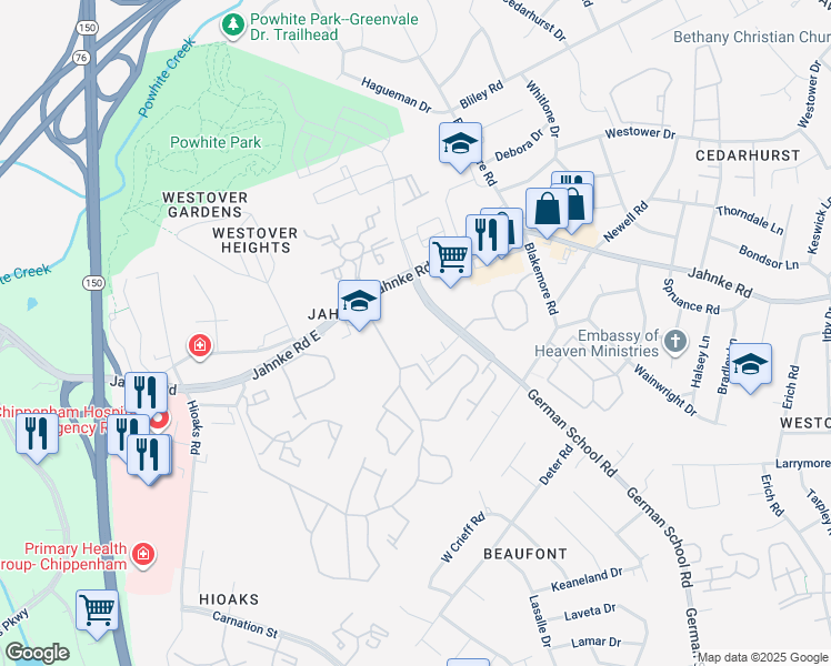 map of restaurants, bars, coffee shops, grocery stores, and more near 1100 German School Road in Richmond