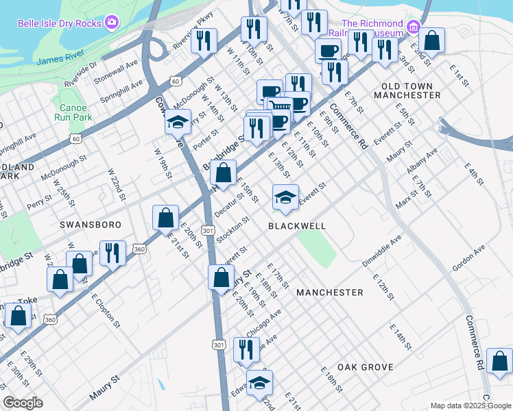 map of restaurants, bars, coffee shops, grocery stores, and more near 121 East 15th Street in Richmond