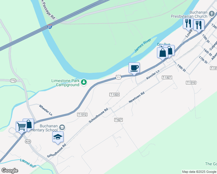map of restaurants, bars, coffee shops, grocery stores, and more near 231 James River Terrace in Buchanan