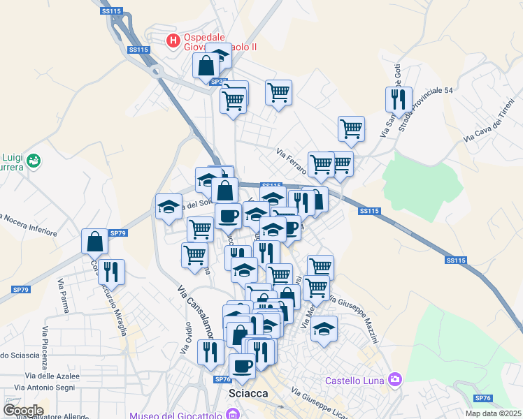 map of restaurants, bars, coffee shops, grocery stores, and more near 68 Via Giotto in Sciacca