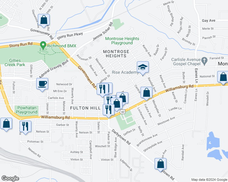 map of restaurants, bars, coffee shops, grocery stores, and more near 1708 Carlisle Avenue in Richmond