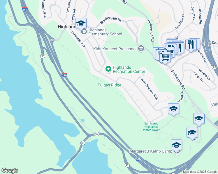 map of restaurants, bars, coffee shops, grocery stores, and more near Highlands fire Trail in San Mateo