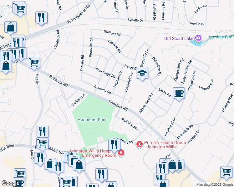 map of restaurants, bars, coffee shops, grocery stores, and more near 10824 Granada Road in Richmond