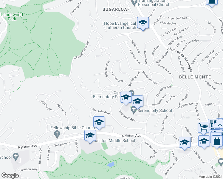 map of restaurants, bars, coffee shops, grocery stores, and more near 2708 Monte Cresta Drive in Belmont