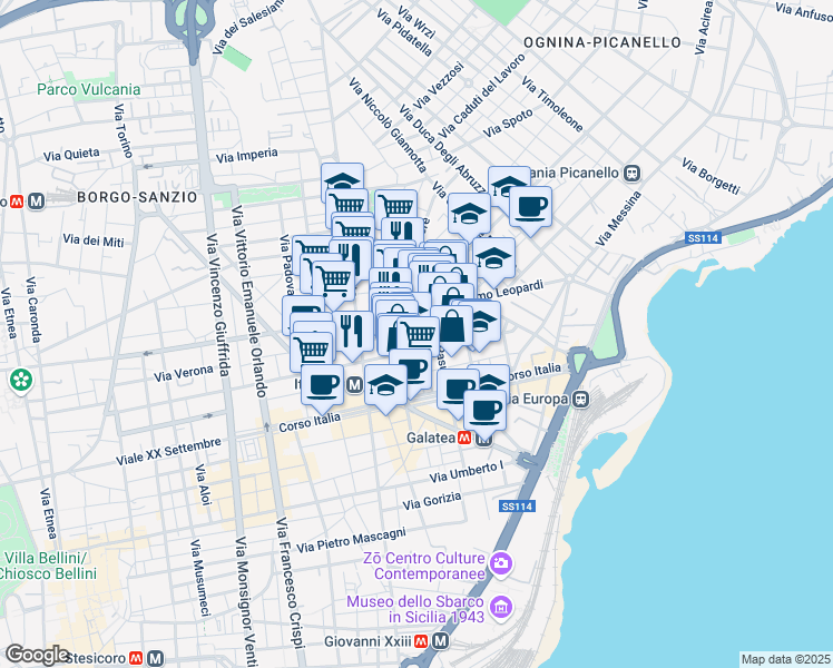 map of restaurants, bars, coffee shops, grocery stores, and more near 63 Via Milano in Catania