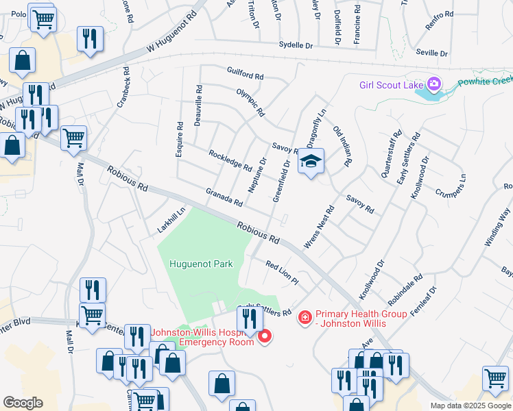 map of restaurants, bars, coffee shops, grocery stores, and more near 10824 Granada Road in Richmond