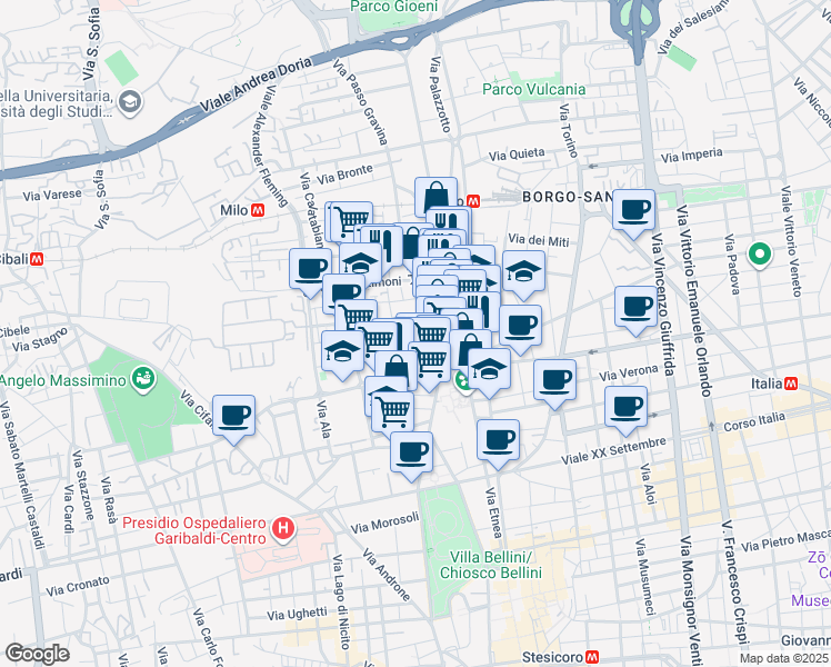 map of restaurants, bars, coffee shops, grocery stores, and more near Via Aurelio Nicolodi in Catania