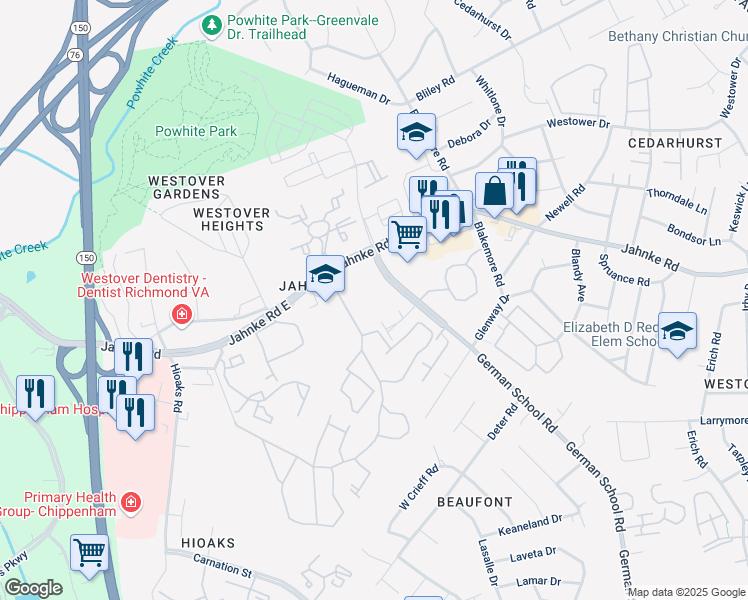 map of restaurants, bars, coffee shops, grocery stores, and more near 1100 German School Road in Richmond