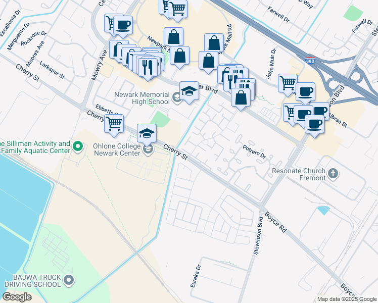 map of restaurants, bars, coffee shops, grocery stores, and more near 6371 Joaquin Murieta Avenue in Newark