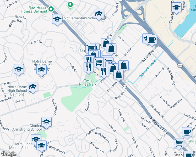 map of restaurants, bars, coffee shops, grocery stores, and more near 1235 6th Avenue in Belmont