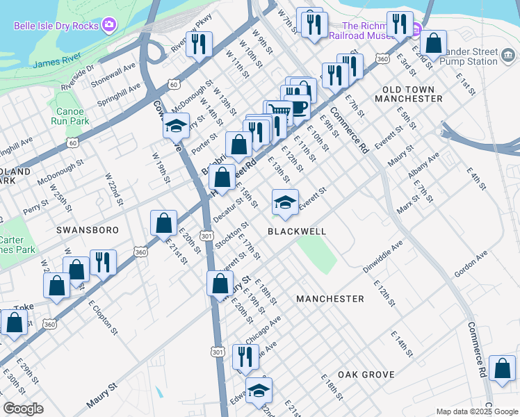 map of restaurants, bars, coffee shops, grocery stores, and more near 119 Lipscomb Street in Richmond