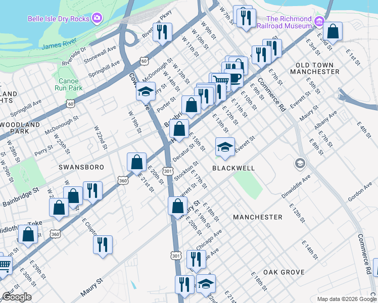 map of restaurants, bars, coffee shops, grocery stores, and more near 1513 Decatur Street in Richmond